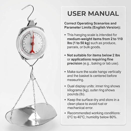 QWORK 110 lbs Large Display Spring Dial Weight Scale & Scale Scoop/Chain with Hanging Cradle, Steel Construction, for Shopping, Traveling, Kitchen, Silver