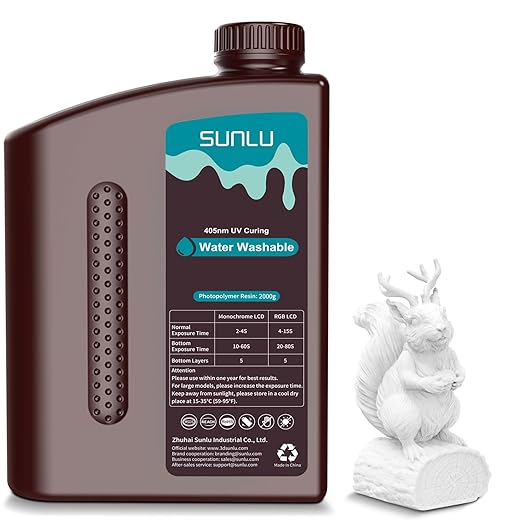 SUNLU Water Washable Resin 2KG, Fast Curing 3D Printer Resin for LCD DLP SLA 3D Printers, 395 to 405nm UV Curing 3D Printing Liquid Photopolymer Resin, Low Shrinkage High Precision, 2000g, White