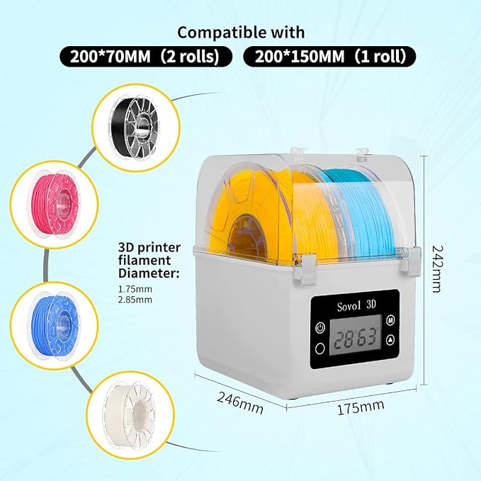 Sovol Filament Dryer 2026, SH01 Filament Dehydrator 3D Printer Spool Holder with Upgraded Fan, Dry Box for Keeping Filament Dry, Compatible with 1.75mm, 2.85mm PLA PETG TPU ABS
