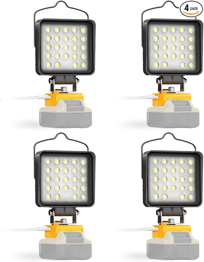 4 Pcs LED Work Light for Dewalt 20v Max Battery, 90W 9600LM Battery Light for Dewalt 20v Tools, Portable Outdoors Cordless Flood Lighting with USB & Type-C Charging Port, Low Voltage Protection