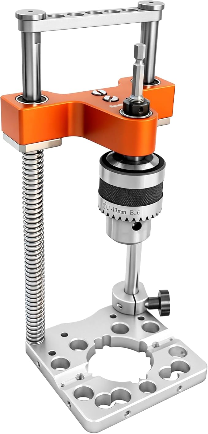 SpeTool S04003 Portable Drill Guide with Liner Ball Bearings, 0.004" High Precision Drill Guide for Straight Holes, All-Aluminum Base, Spring-Assisted Portable Drill Press for Woodworking & DIY
