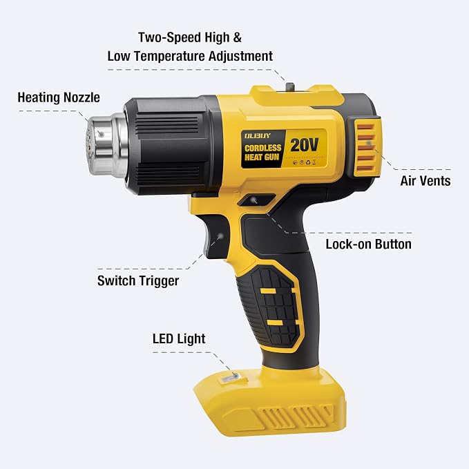 Cordless Heat Gun for De-WALT 20V MAX Battery, 7Pcs Nozzles&Scraper, LED Light, 350W Fast Heating Soldering Hot Air Gun, 2-Temp Setting Max 990℉(532℃), Heat gun for Shrink Tubing, Crafts (Tool Only)
