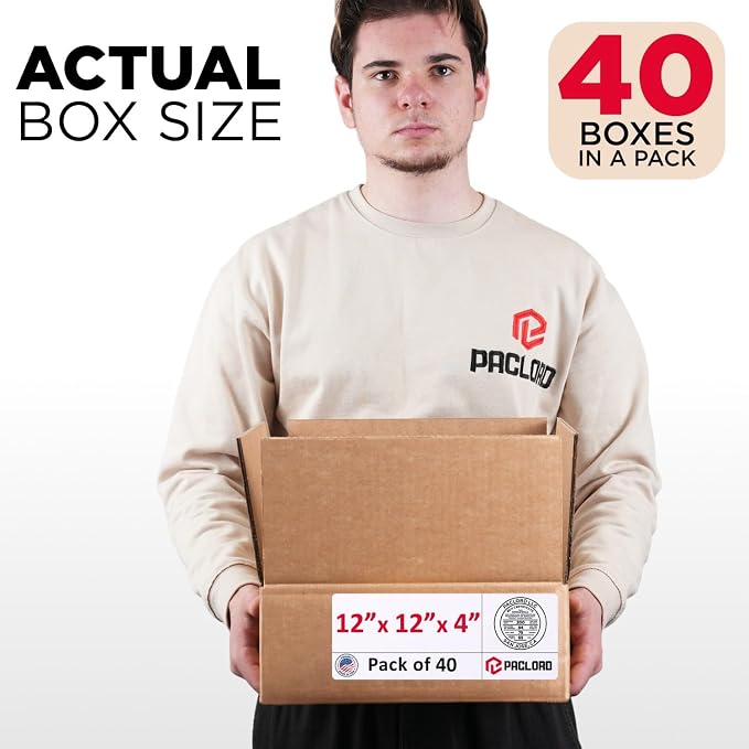 Medium Cardboard Boxes 12"L x 12"W x 4"H (Pack of 40) - USA-Made Packing Boxes for Moving, Shipping, or Storage - USPS, UPS, FedEx Approved - Professional Packing Supplies for Moving | USA-Made Packing Boxes for Moving, Shipping, or Storage - USPS, UPS...