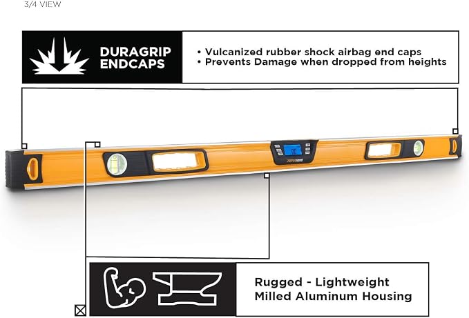 MOTORHEAD 48-Inch 0°-360° SMART DIGITAL Level, LCD Screen, Audible Alerts, Water, Dust & Shock Resistant, Magnetic Bottom, Includes Bag, High-Visibility, Solid-Milled Aluminum, USA-Based Support | Audible Alerts, Water Dust & Shock Resistant, High-Visi...