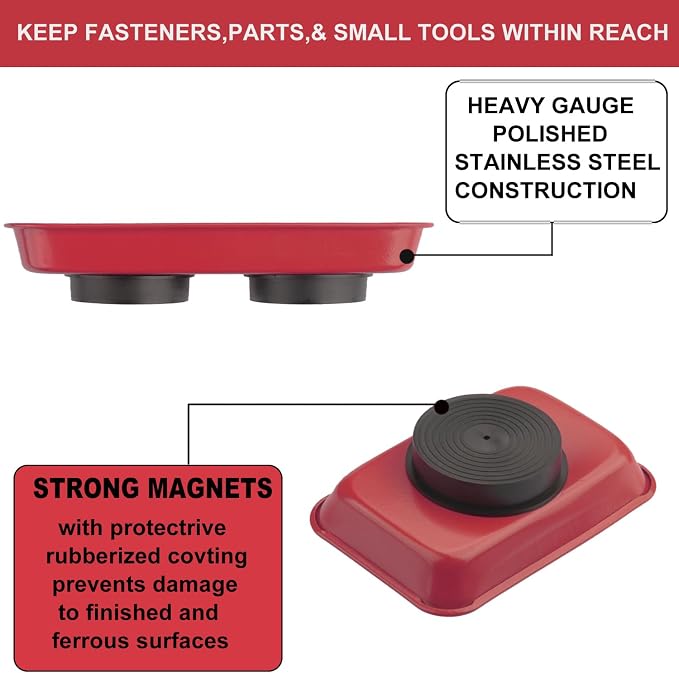 8 PCS Magnetic Trays, Include 2 PCS 11.4 X10.6Inch & 3 PCS 6 X 2.5 Inch & 3 PCS 3.6 X 2.5 Inch, Magnet Tool Tray, Magnetic Parts Tray, Red, by GENHAKON