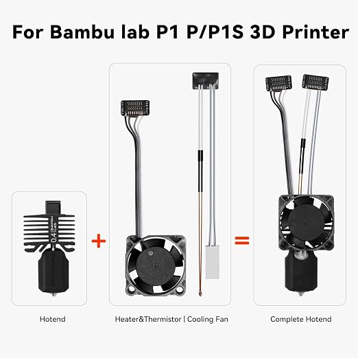 Bamboo Original P1 Series 04mm Hardened Steel Complete Hotend Kits Set with Fan,Full Assembly Hot End Kit for Bambu Lab P1,P1P,P1S 3D Printer