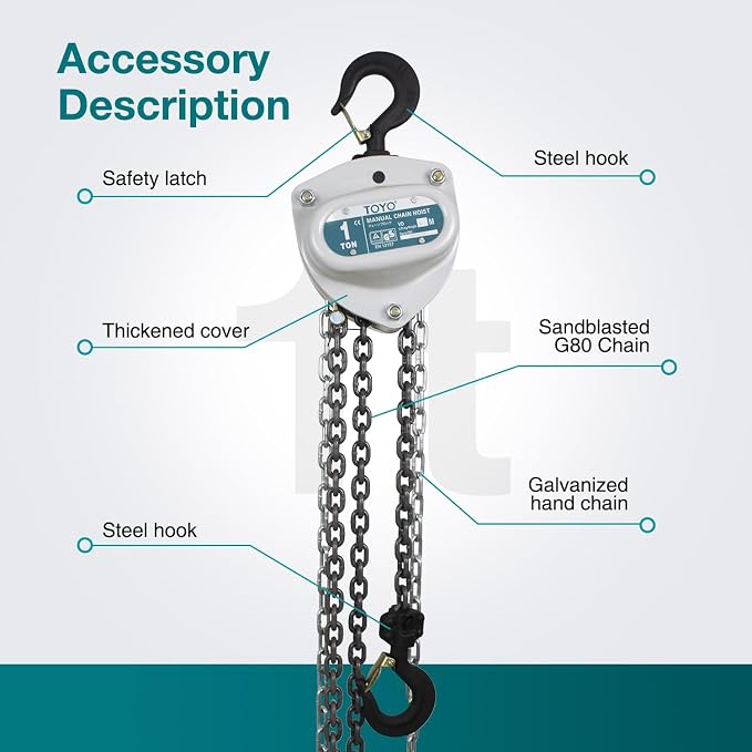 TOYO Chain Hoist 2200Lb,10ft Manual Chain Block Hoist 1ton Chain Fall 3M Come Along Hand Chain Hoist 2 Heavy Duty Hooks Industrial Grade Steel for Warehouse Automotive Construction Building