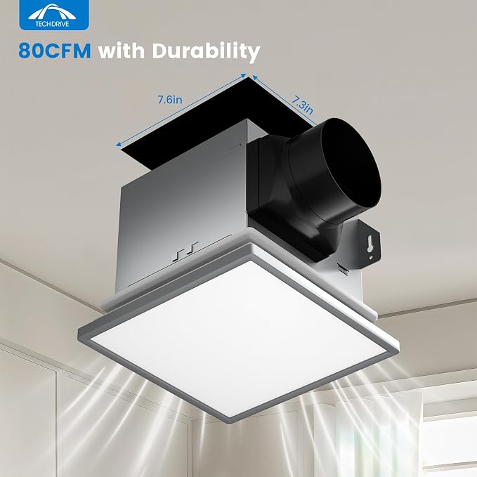 Tech Drive Modern Nickel Bathroom Fan with Light, 80CFM,1.5Sone | 1000lm Dimmable 5CCT LED Light Selectable, Quiet Ventilation fan with night light,Energy Star Certified