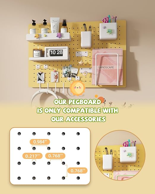 Metal Pegboard Kit — Carbon Steel Pegboards with 26 Accessories, Pegboard Wall Organizer for Home, Office, Study Room, Kitchen, Craft Room & Gaming Setup — 24″ × 16″ Yellow Peg Board