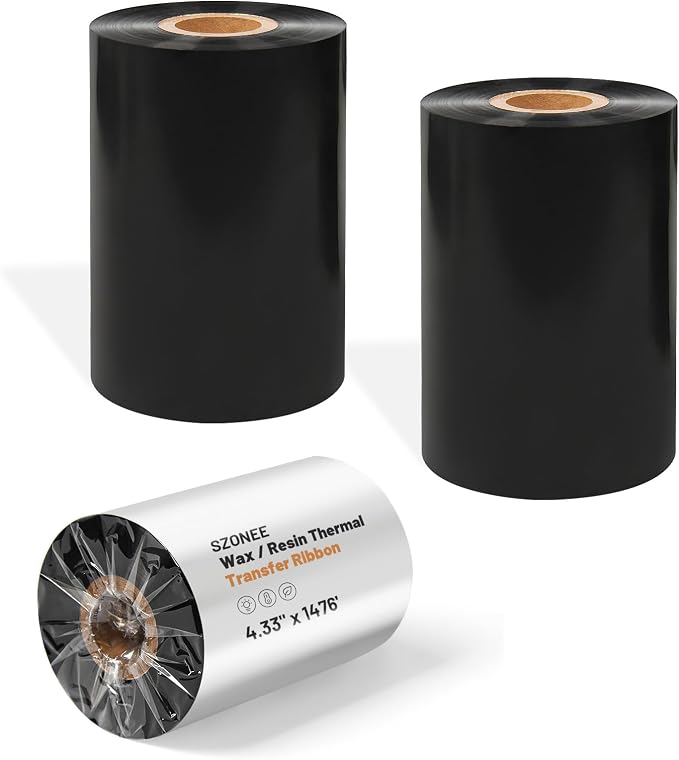 2 Rolls Resin Enhanced Wax Ribbon 4.33" x 1476' – 1" Core Thermal Transfer Ribbon for Barcode Labels, CSO-Ink Outside, Compatible with Zebra, Sato, Datamax, TSC, GoDex, Citizen