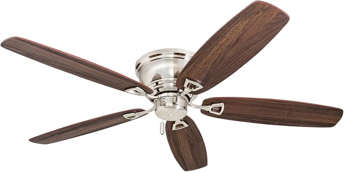 Honeywell Glen Alden 52 Inch Indoor LED Ceiling Fan with No Light, Pull Chain Control, 5 Dual-Finish Blades, Quiet Reversible Motor, Brushed Nickel