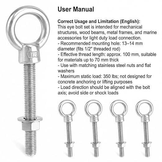 QWORK 304 Stainless Steel Shoulder Eye Bolts 1/2"x4", 5 Pack Marine & Rigging Hardware for Wood, Metal & DIY Projects