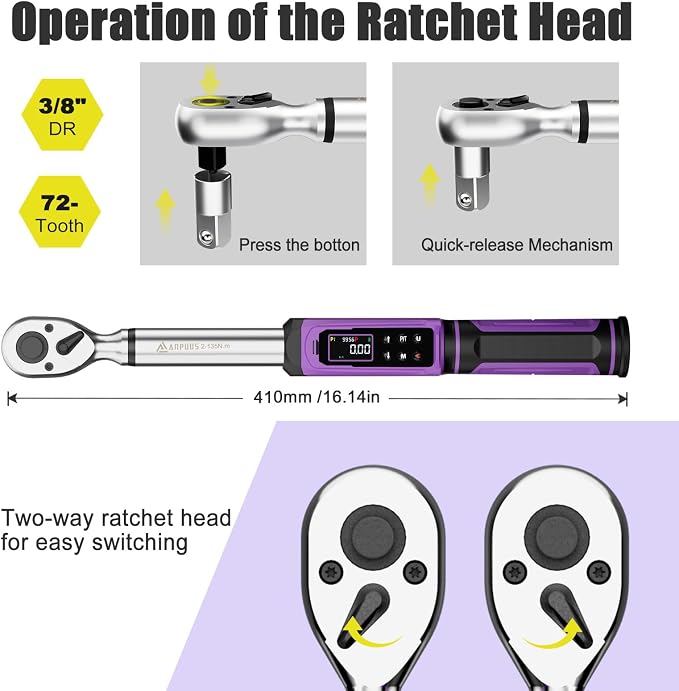 ANPUDS Digital Torque Wrench 3/8 Drive, 1.5-99.6 Ft-lb, ±1% Accuracy | Vibration/Buzzer/LED Alert, Dual Direction Ratchet, Electronic Torque Wrench for Bike, Motorcycle & Automotive Repair