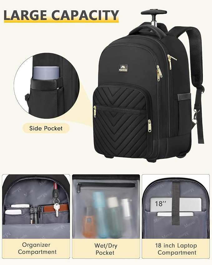 MATEIN Wheeled Backpack, 18 Inch Large Water Resistant Laptop Backpack with Wheels, Carry On Business Roller Bag for Women, Trolley Suitcase for Adults to Travel, Overnight Work Bag for College, Black
