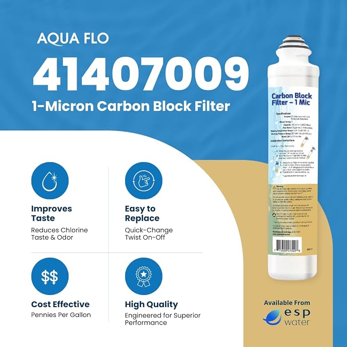 Aqua Flo Carbon Block Filter 1 Micron 41407009 – Quick-Change Replacement for Aqua Flo Platinum QCRO & QCUF 4-Stage Systems – Reduces Chlorine, Taste, Odor – Polishing or Pre-Filter Cartridge