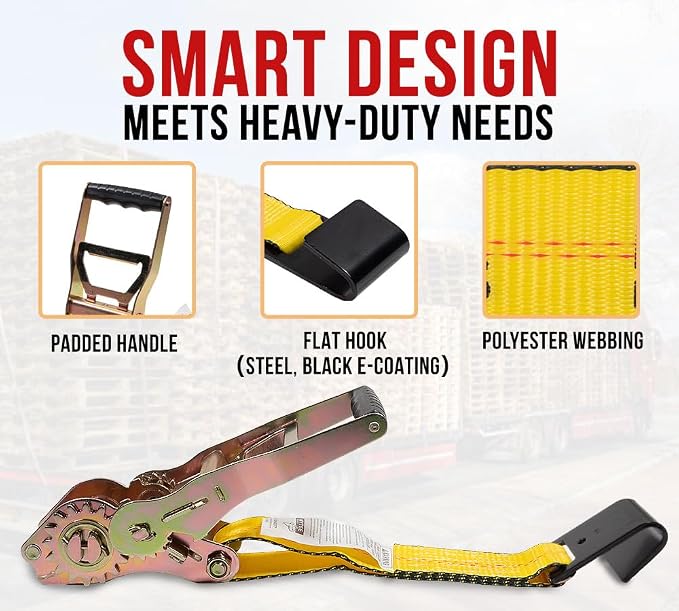 Mytee Products 4 Pack 2" x30' Self-Tensioning Ratchet Tie Down Straps with Flat Hooks - 3,333 Lbs WLL - Heavy Duty Tie Down Ratchet Straps for Flatbed, Truck, Trailers, Cargo, Pickup - Yellow