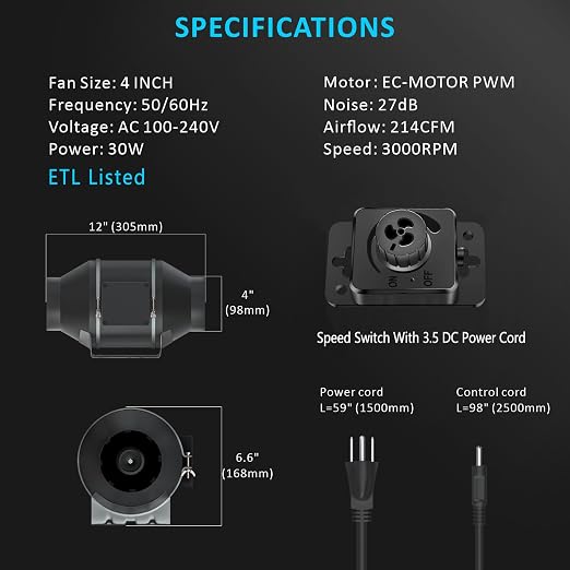 Toolazy 4 Inch Inline Duct Fan 214 CFM, Vent Booster Exhaust Fan with 0-100% Variable Speed Controller, EC Motor 27 dBA Quiet Ventilation Fan for Grow Tent, HVAC, Basement, Bathroom, Crawl Space