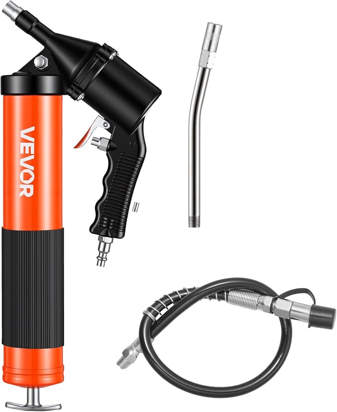 VEVOR Grease Gun, Continuous Cycle Heavy Duty 6000 PSI High Pressure, Pistol Grip Grease Gun Kit with 14 oz Capacity, Includes 18-Inch Flex Hose, 1 Extension Rigid Pipe, 2 Flat Nozzles for Automotive