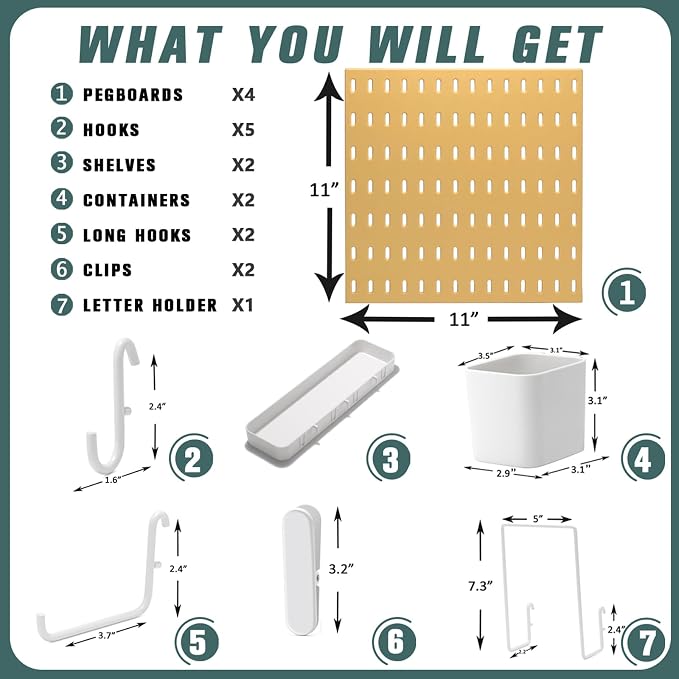 MULSAME Pegboard Combination Kit, Wall Mounted Storage Set with 4 Pegboards & 14 Accessories Hanging, Yellow Peg Boards Organizer for Walls Display, Crafts Organization, Kitchen Organizer, 22" x 22"