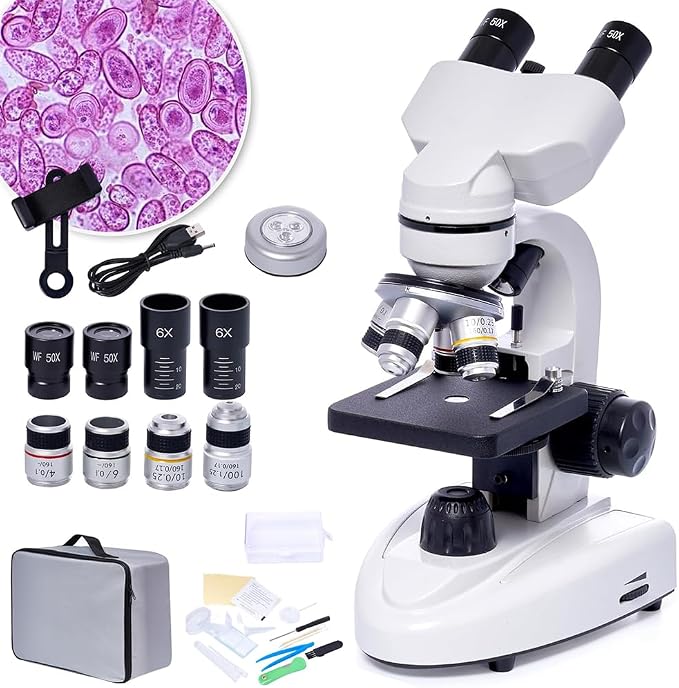 SELFIE CAT 200X-5000X Binocular Compound Microscope for Adults & Students | Wide-field optics, 4 achromatic objectives, mechanical stage, coaxial focus and phone adapter for school, home and lab use.