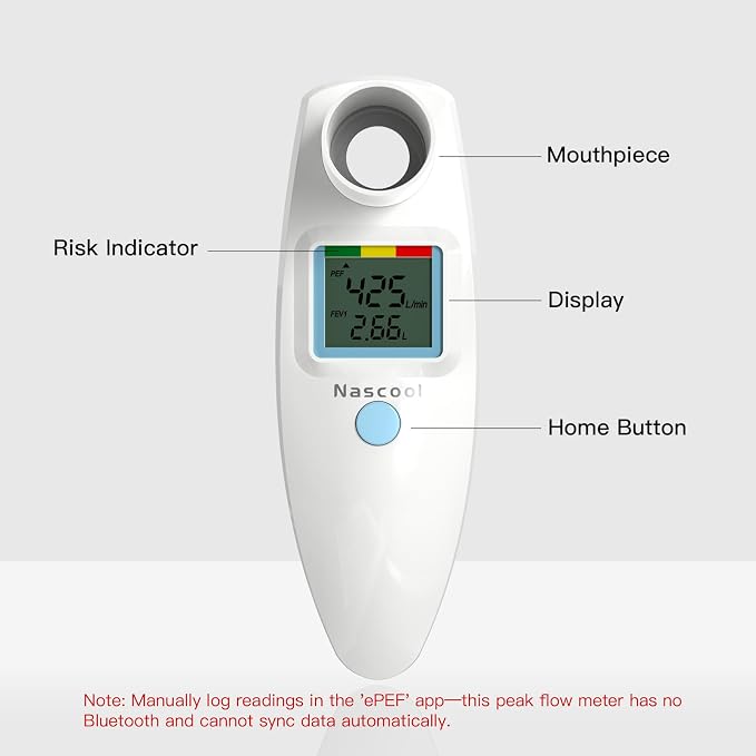 Nascool Peak Flow Meter for Adults & Kids | Home Medical, PEF & FEV1 Measurement, Risk Indicator, LCD Screen, Accurate & Reliable