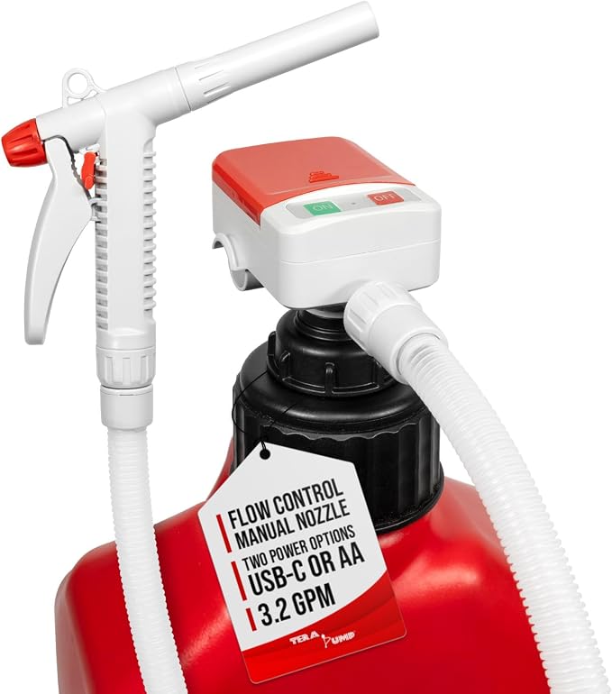 TERA PUMP Dual Power Manual Nozzle Liquid Transfer Pump | 3.2 GPM, AA Battery or USB-C Powered, Flow Control Nozzle, 54" Durable PE Hose, For Non-Potable Liquids