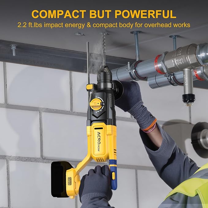 SDS-Plus Cordless Rotary Hammer Drill for Dewalt 20V Battery | Brushless Motor, Safety Clutch, 4 Functions, LED Light with Vibration Control, 5 Drills with Carry Bag（No Battery）