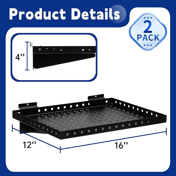 Heavy Duty Slatwall Shelf 16x12Inch, Steel Slatwall Accessories Storage Rack for Garage, Retail, Workshop (2, 16x12Inch)
