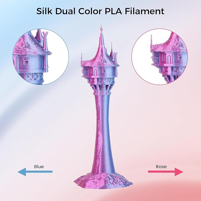 Comgrow Silk PLA 3D Printer Filament, Dual Color 2 in 1 Blue and Rose Red, 3D Printing PLA Filament 1.75mm, Dimensional Accuracy +/- 0.02 mm, 1KG Spool, Coextrusion Shiny Silk 3D Filament