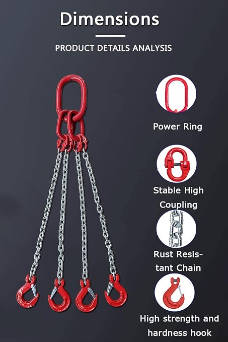 Chain Sling 1/4Inch X 5 Ft 6620lb 4Leg with Sling Hooks and Adjusters Grade 80Alloy Steel Engine Chain Hoist Lifts【4Leg 3Ton】