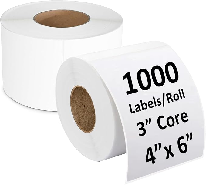 Industrial Thermal Transfer Labels 4x6 for Barcode Shipping, Ribbon Required, 3 Inch Core, 2 Rolls/Case 1000 per Roll, Perforated, Compatible with Thermal Transfer Printers