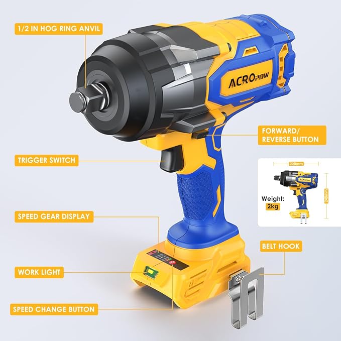 Cordless Impact Wrench 1/2" for Dewalt 20V Battery | High Torque 1700FT-LBS Brushless Impact Driver, Auto-Stop Reverse, Variable Speed, Heavy Duty Impact Gun (Bare Tool)