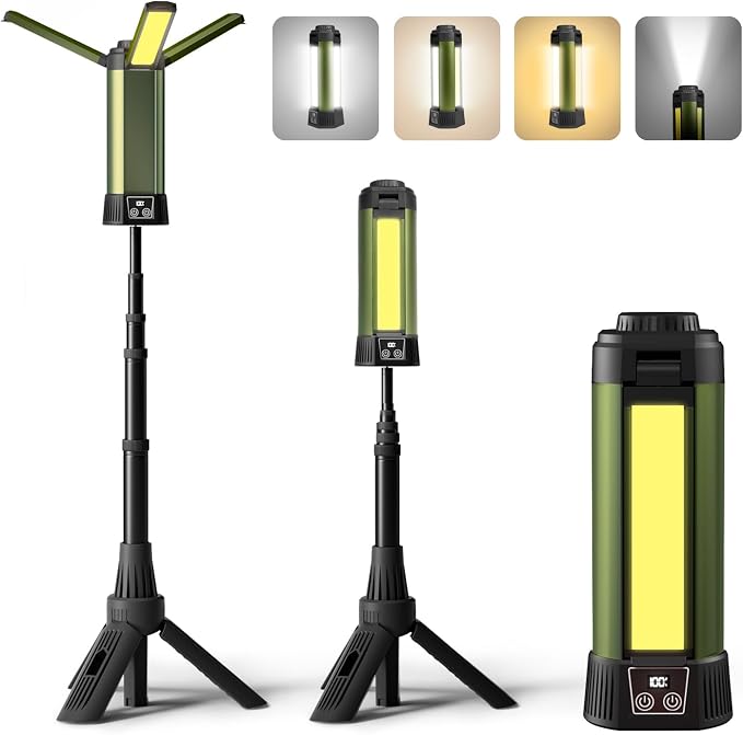 Rechargeable Work Light with Stand, Magnetic Base, Hook & Tripod (Middle) | 6000mAh battery, Telescopic tripod, Magnetic base, Hanging hook, 3 metal floor spikes, Storage bag, Camping