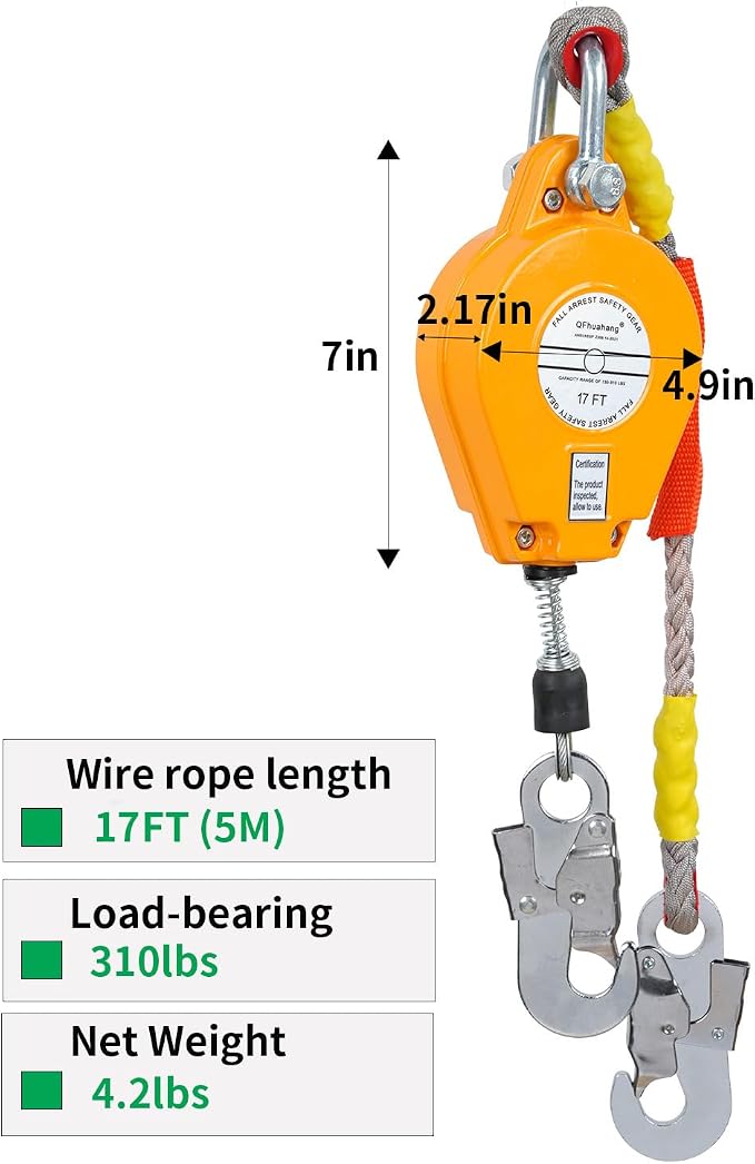 17FT Self Retracting Lifeline, Adjustable Retractable Lifeline Fall Protection Rope, Heavy Duty Retractable Lanyard, Roofing Lifelines, Industrial Fall Arrest Retractor