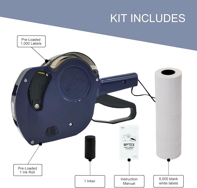Motex Genuine MX-5500NEW 1 Line 8 Digits Price Tag Gun Kit - Includes 10,000 White Blank Labels and 1 Pre-Loaded Inker with 1 Ink Refill - for Grocery Store, Retail Shop, Garage Sale(Dark Blue)