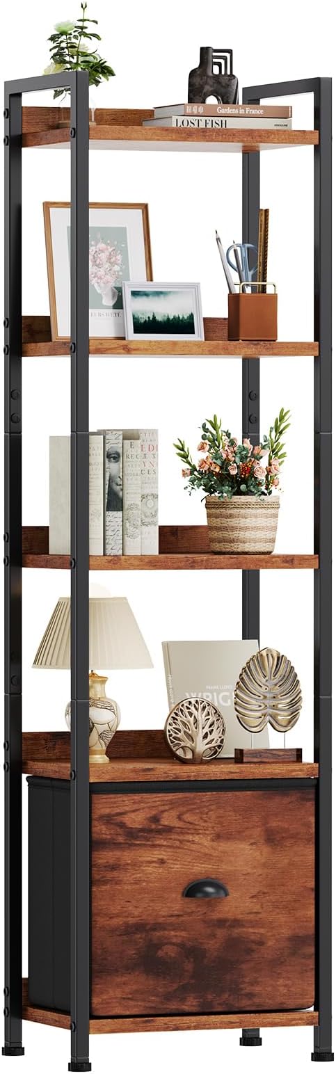 DUMOS 5 Tier Bookshelf with Fabric Drawer, Tall Industrial Bookcase, Narrow Display Standing Shelf, Wood and Metal Storage Shelf Organizer in Bedroom, Living Room, Brown