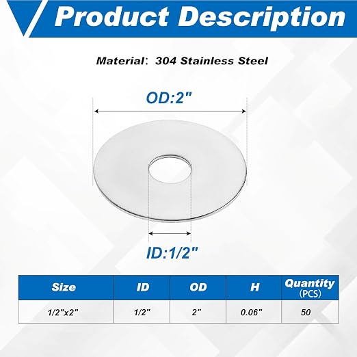 Hotop 50 Pieces Stainless Steel Fender Washers 18-8 Stainless Steel Flat Washer (1/2" X 2")