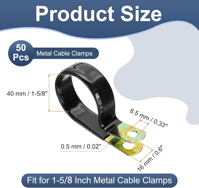 PATIKIL 1-5/8 Inch Vinyl Coated Cable Clamps, 50 Pack Galvanized Steel Metal Cable Clips Rubber Cushion Insulated Pipe Clamps for Tube Lines Cord Wire Management, Black