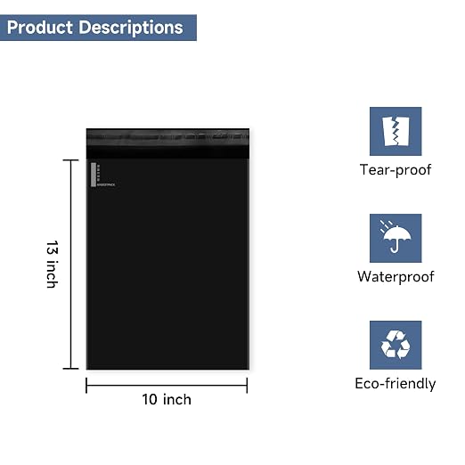 KKBESTPACK 200 Large Poly Mailers 10x13 Shipping Bags for Small Business – Self Sealing Package Envelopes Black
