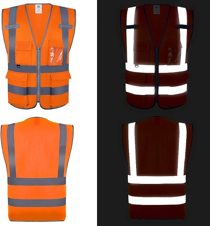 Dazonity Safety Vest with Pockets & Zipper, 10 Pcs,Reflective, for Construction(Orange-XL)