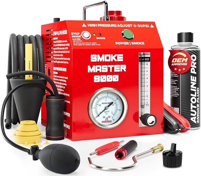 Automotive Evap Smoke Machine 2 in 1 : Dual-Mode Leak Detector 1 Evap (0.5 PSI) and 2 Turbo (1-30 PSI), Model 9000 Pro with Best Ranked Smoke Fluid and Premium Adapters