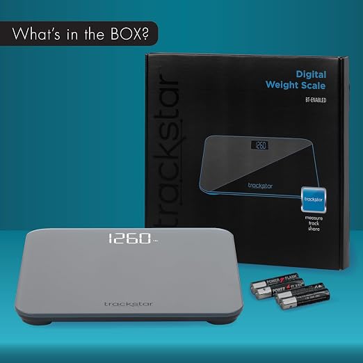 Trackstar Silver Digital Weight Scale | 440 lb Weight Capacity | Trackstar Monitoring App | Bluetooth iOS & Android Compatible | Measure, Track, and Share Results