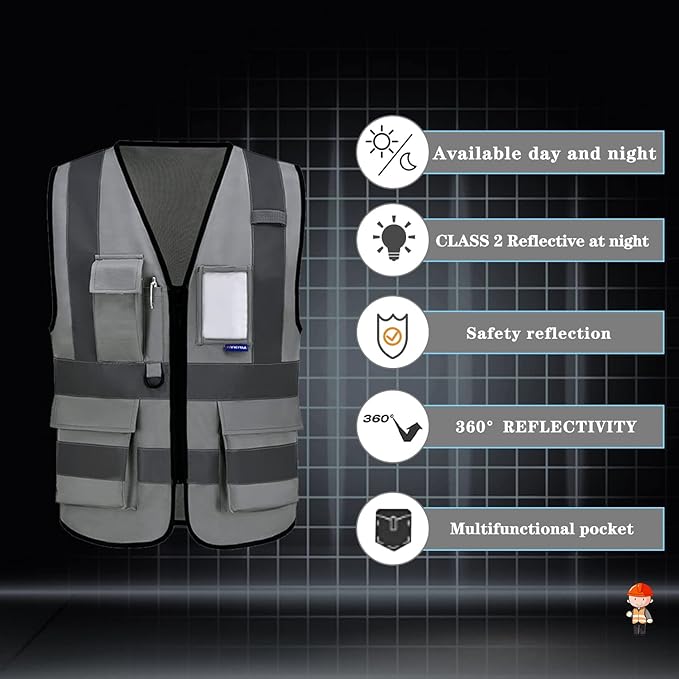 safety vest grey | Grey S safety vest with 7 pockets, reinforced zipper pockets and black front zipper for site visitors; unisex workwear.