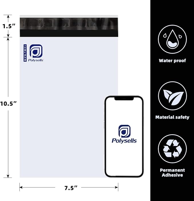 POLYSELLS 100 pcs 7.5"x10.5" White Poly Mailers Shipping Envelopes, Strong Adhesive Sealing, Waterproof, and Tear-resistant Postal Mailing Bags for Clothing and Accessories