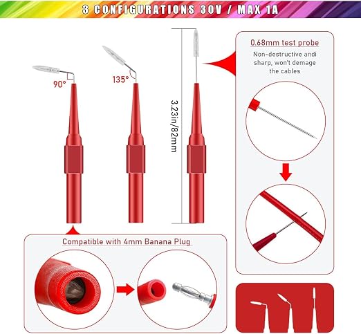 30PCS Back Probe Kit, Banana Plug to Copper Alligator Clip Automotive Test Leads Set with Alligator Clips & Wire Piercing Probes, 15PCS 30V Back Probe Pins for Car Repairing Diagnostic Circuit Testing