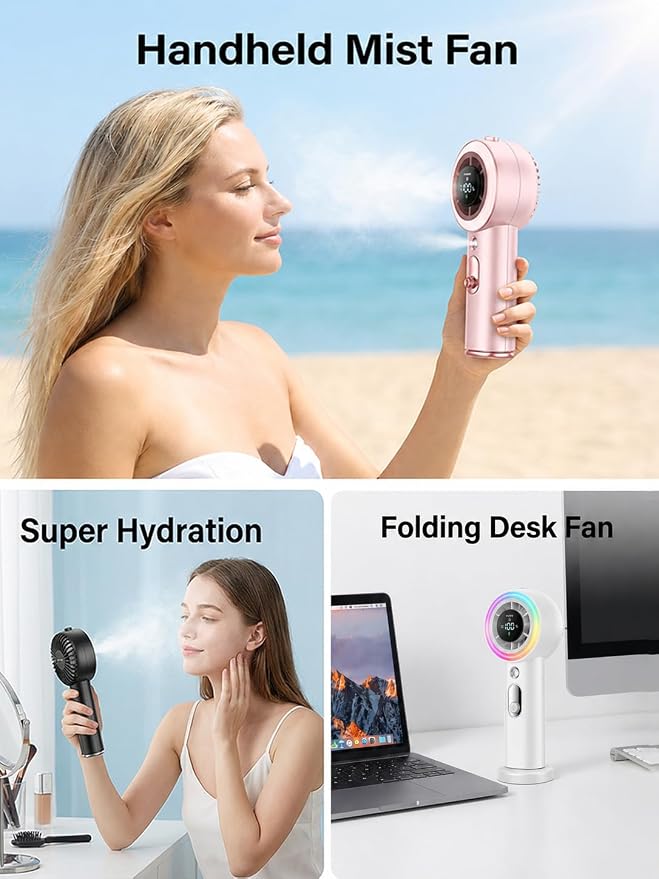Portable Fan with Mist, Handheld Fan with 1-199 Speed, AC-Level Ice Cooling Personal Fan, 26000 RPM Powerful Turbo Fan, 40ml Water Tank & 5000mAh Battery Mini Fan for Travel, Makeup, Camping, Outdoors