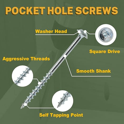 LIONMAX Pocket Hole Screws #8 x 1-1/4", 1000PCS Pocket Wood Screws with Coarse Thread, Square Drive, Self Tapping, for Indoor Use, Zinc Plated, 150MM Drive Bit Included