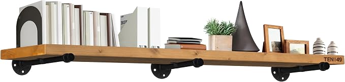 TEN49 Industrial Pipe Wood Wall Shelf - 60" Real Wooden Shelf w/ Special Walnut Color & 1.8" Extra Thickness - Modern Interior Decor Floating Shelves - Rustic Farmhouse Style Bookshelf - Set of 2