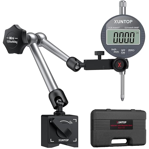 XUNTOP Digital Dial Indicator 1inch/0.0005inch with 132lbs/60kg Magnetic Base,Inch/Metric Conversion LCD Display Electronic Indicator, Dial Test Gauge for Lathe,3D Printer,CNC,Indusrial