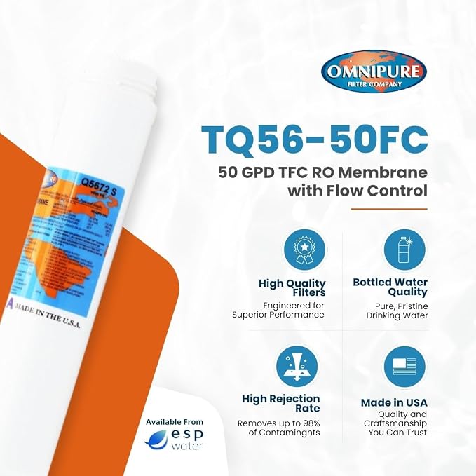 Omnipure Q5672-50FC RO Membrane – 50 GPD Element with Flow Control for PuROTwist 4000 and PT 3000 Reverse Osmosis Systems, Easy to Install, Thin Film Membrane for Reverse Osmosis Filtration